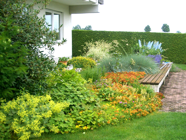 Vorgarten mit vielen verschiedenen Blühpflanzen und einer gemütlichen Bank zwischen den Blumen