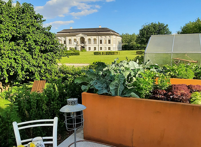Garten, Hochbeet, alter Stuhl und im Hintergrund Schloss Hohenbrunn